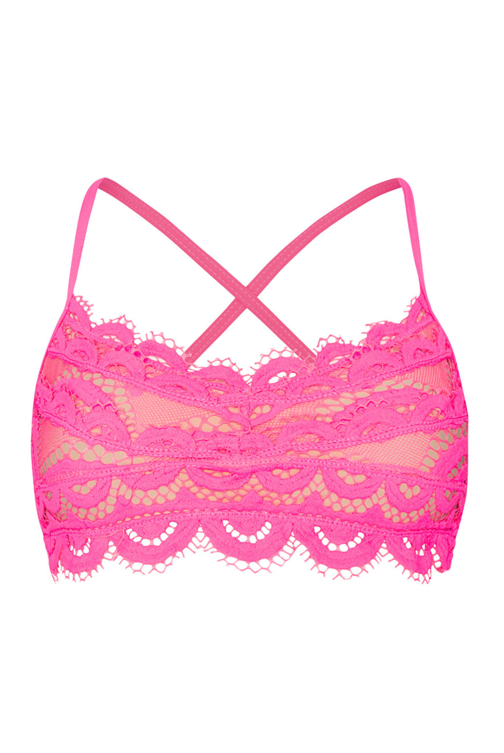 A pink lace bikini top against a white wall.