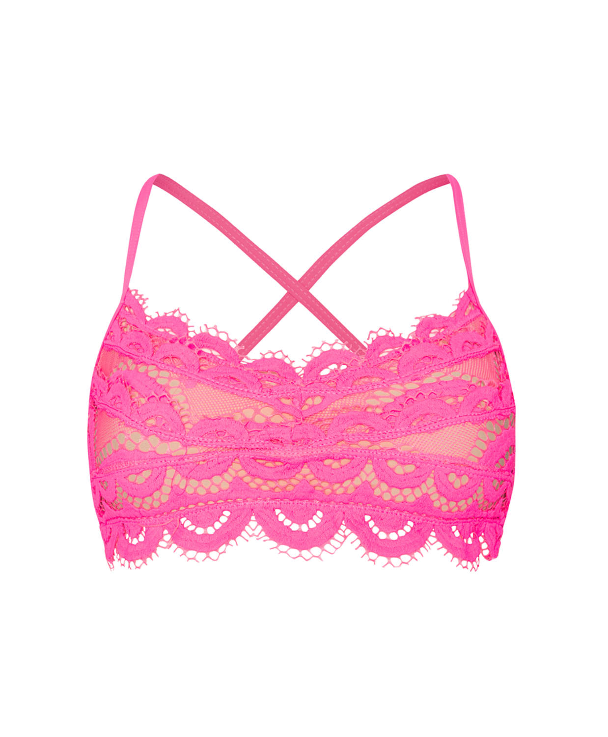 A pink lace bikini top against a white wall.