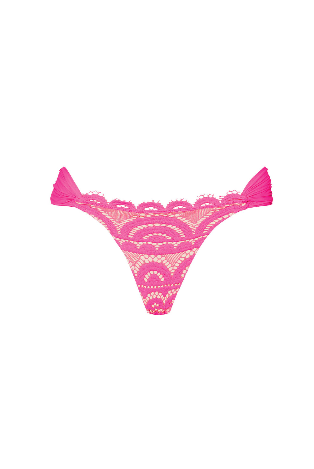 Pink lace bikini bottom on a white background