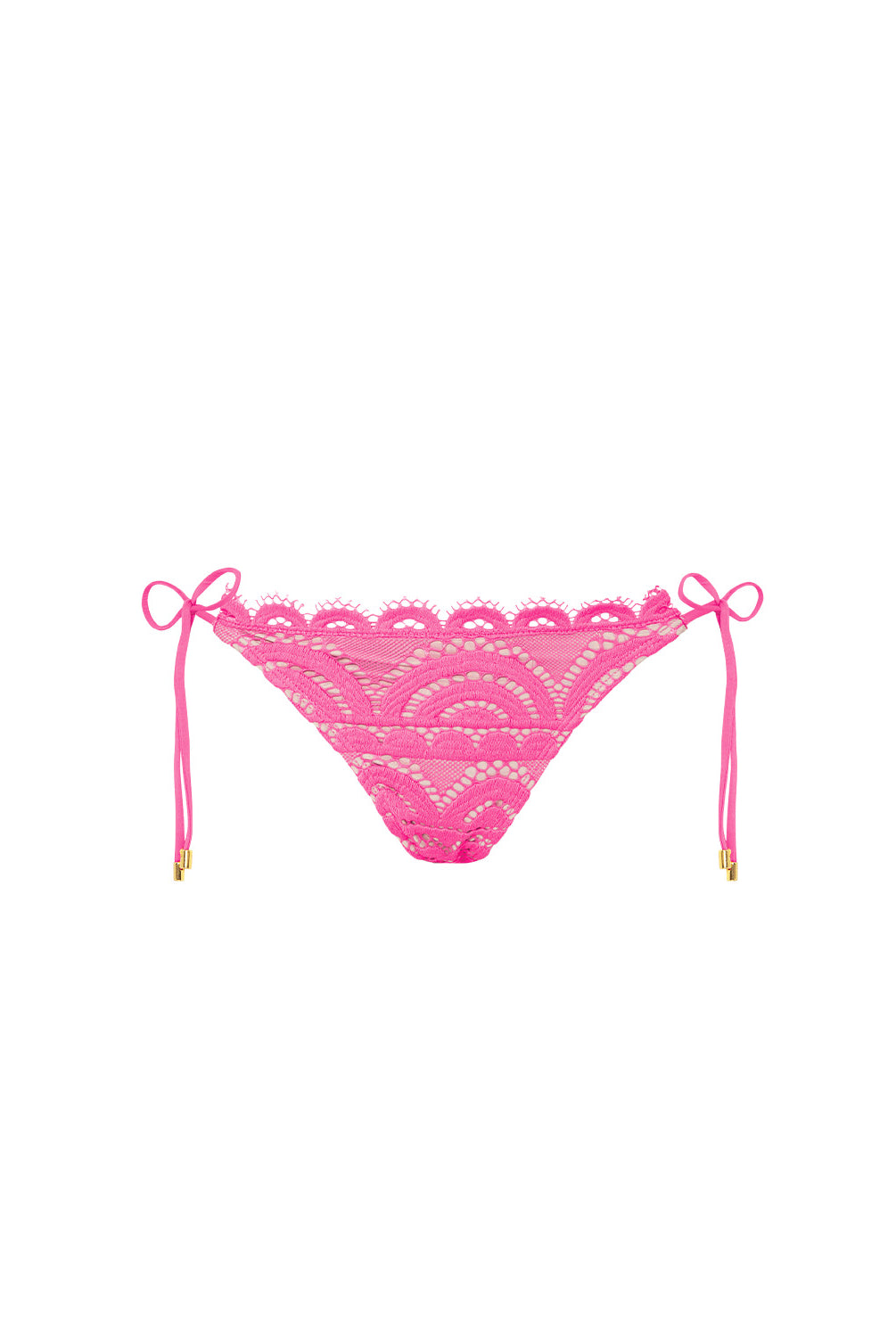 Pink lace bikini bottom on a white background