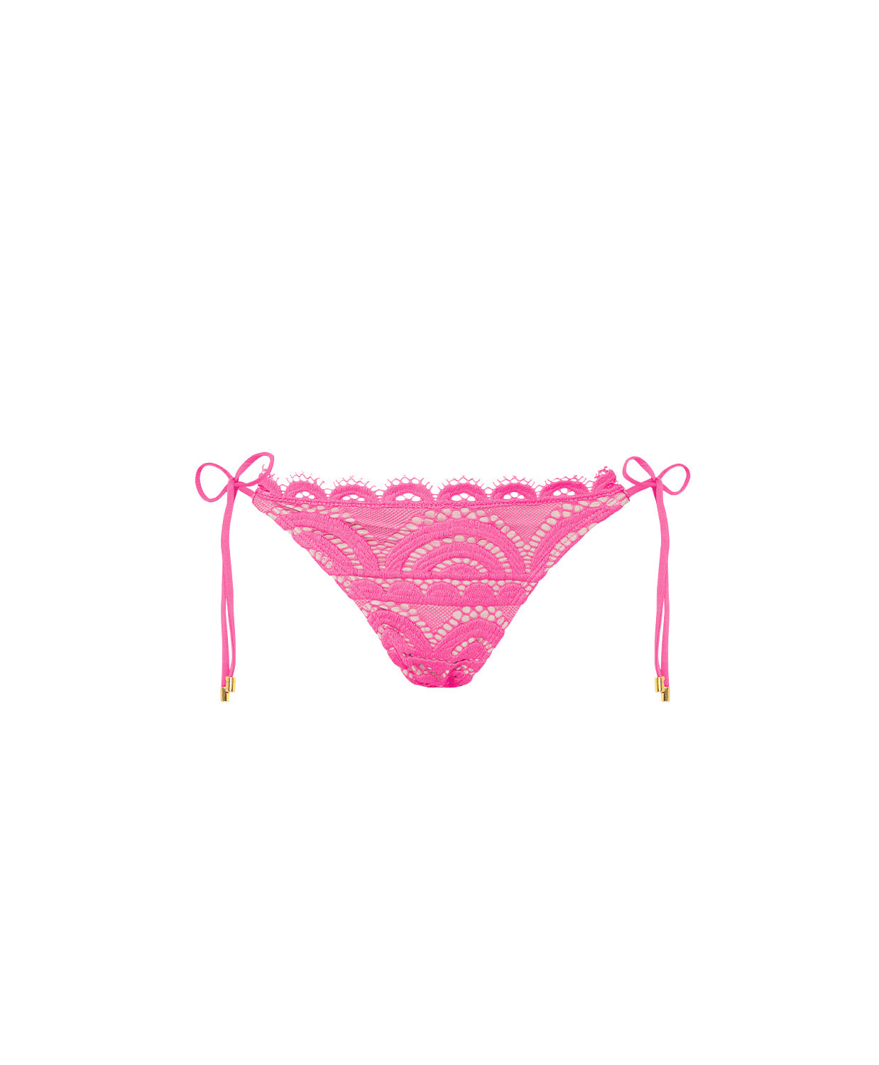 Pink lace bikini bottom on a white background