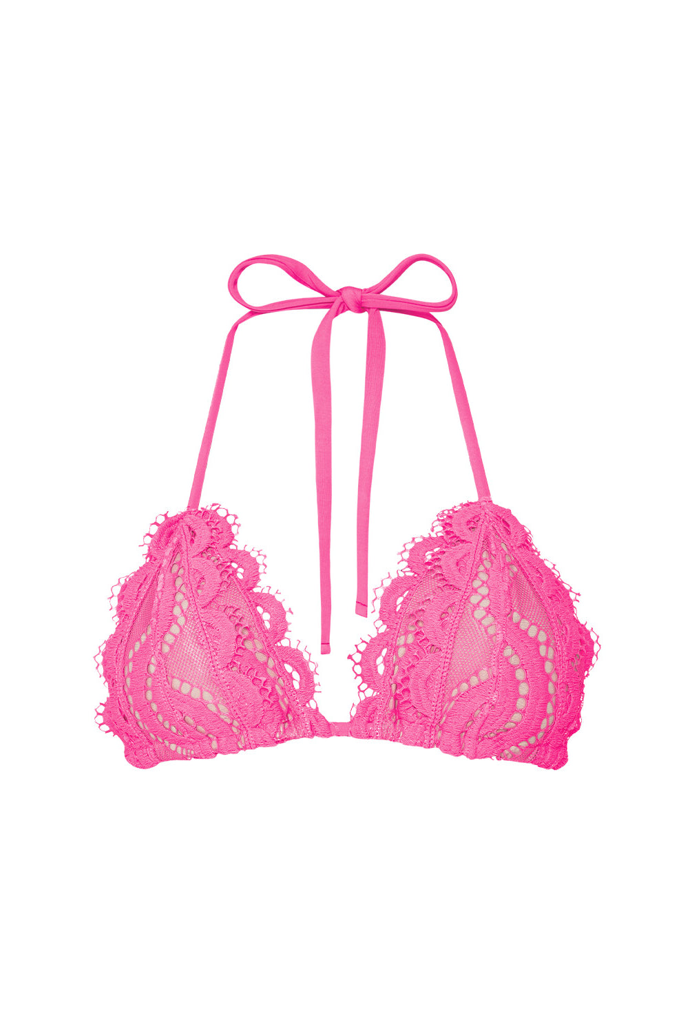 Pink lace bikini top on a white background