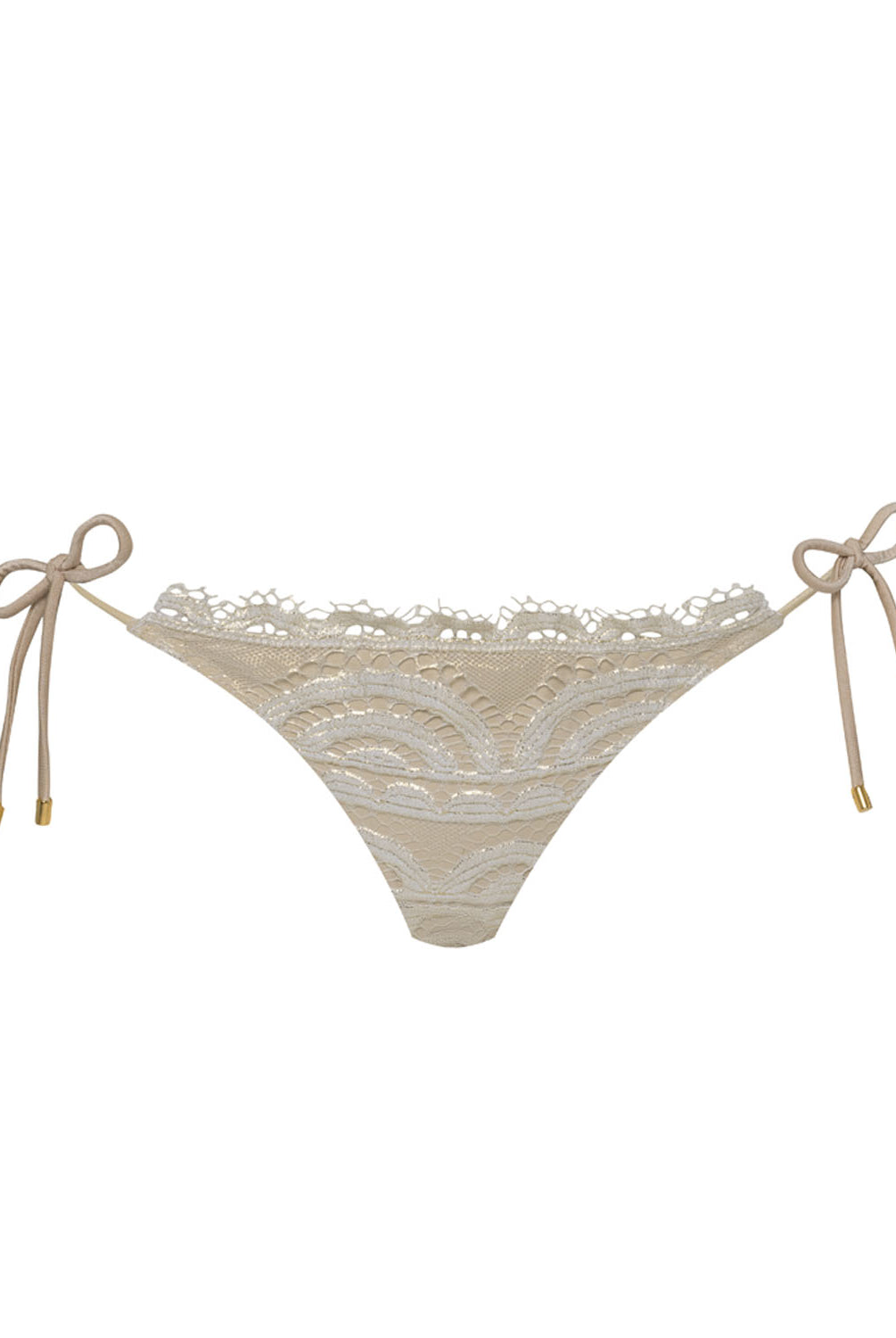 An ivory lace bikini bottom against a white wall.