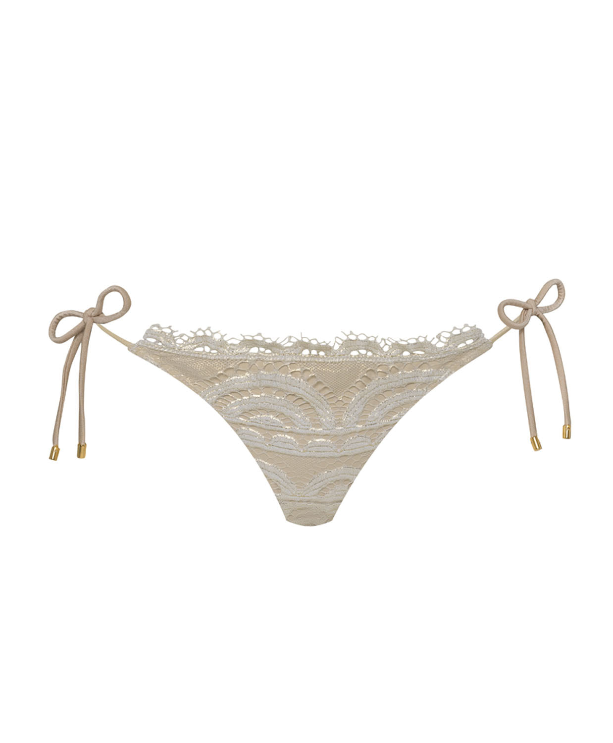 An ivory lace bikini bottom against a white wall.
