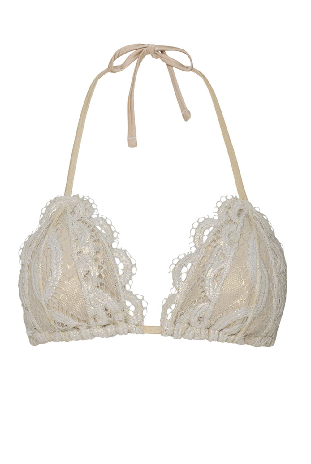 An ivory lace triangle bikini top against a white wall background.
