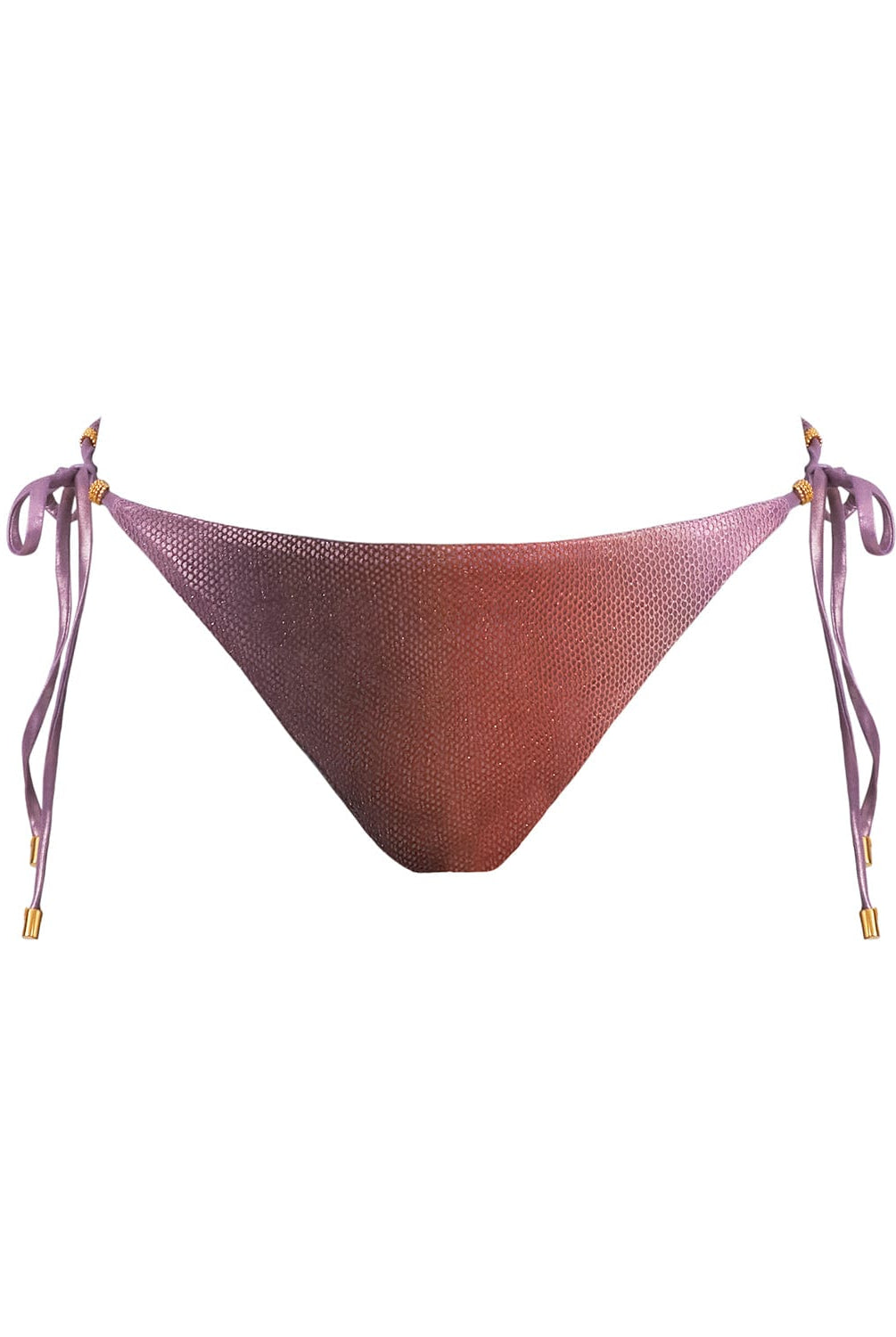 A purple bikini bottom against a white wall. 