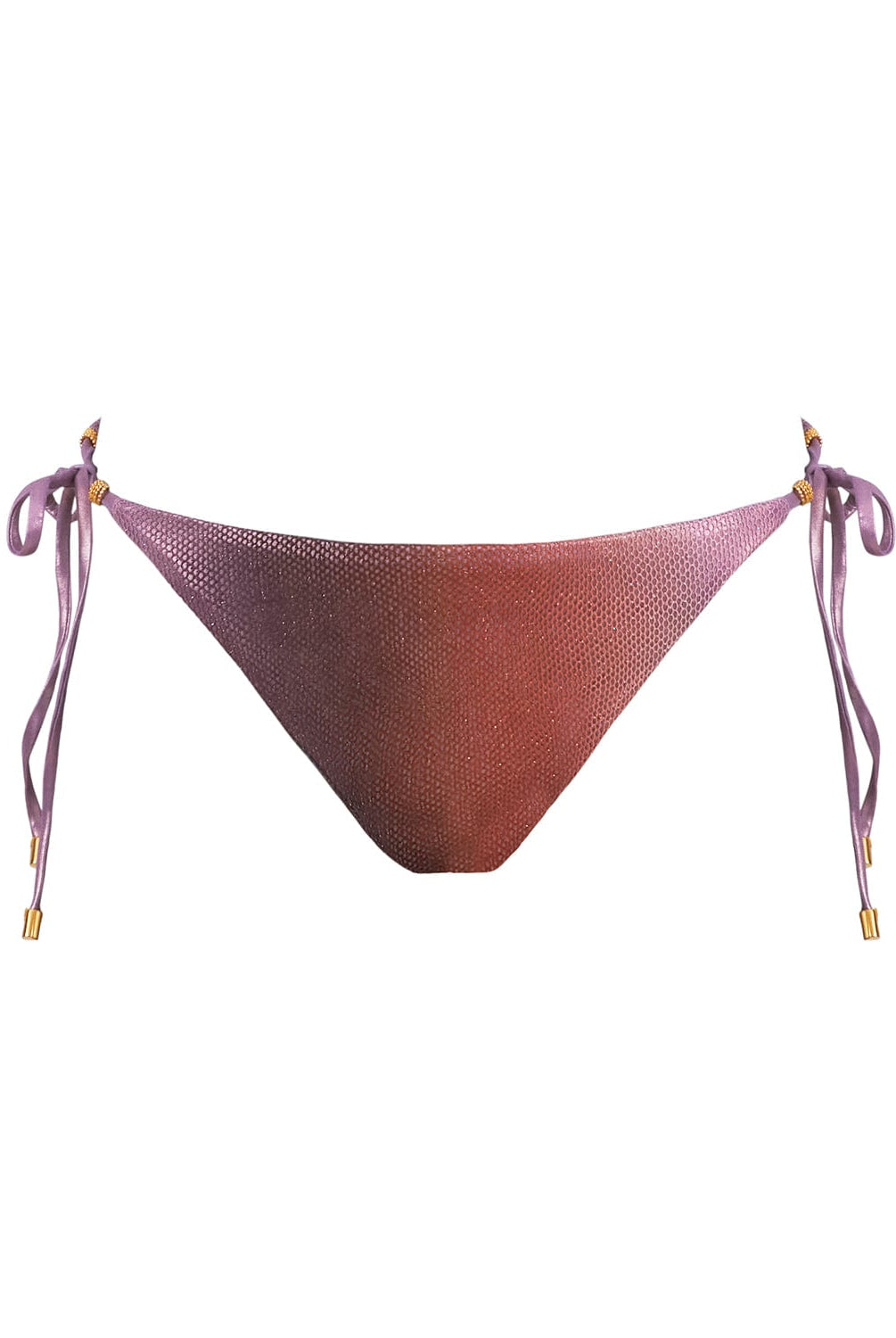 A purple bikini bottom against a white wall.