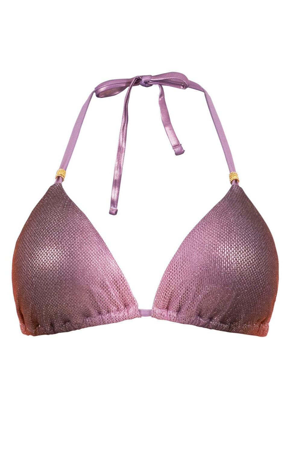 A purple bikini top against a white wall.