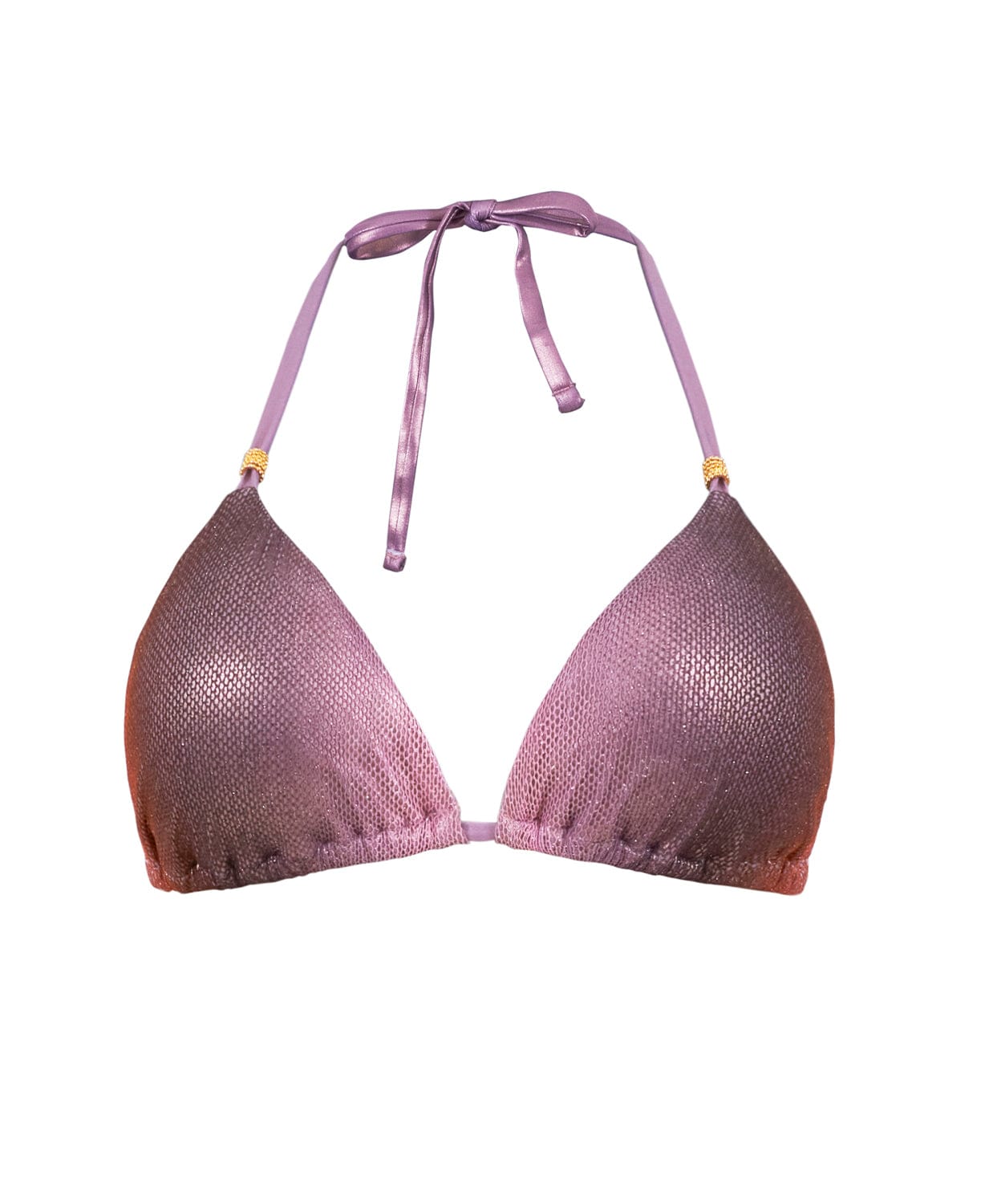 A purple bikini top against a white wall.