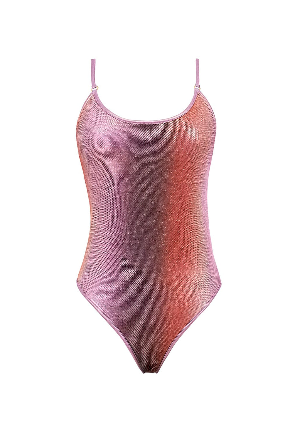 A purple one piece against a white wall.