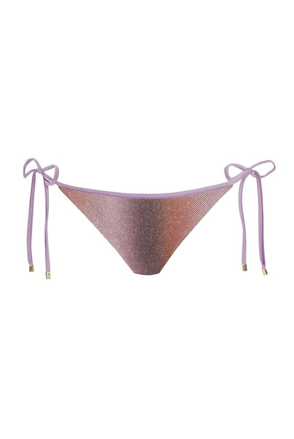 A mesh triangle bikini bottom in a dusty lavender-purple color, featuring side-tie straps with gold-toned tips, shown against a plain white background.