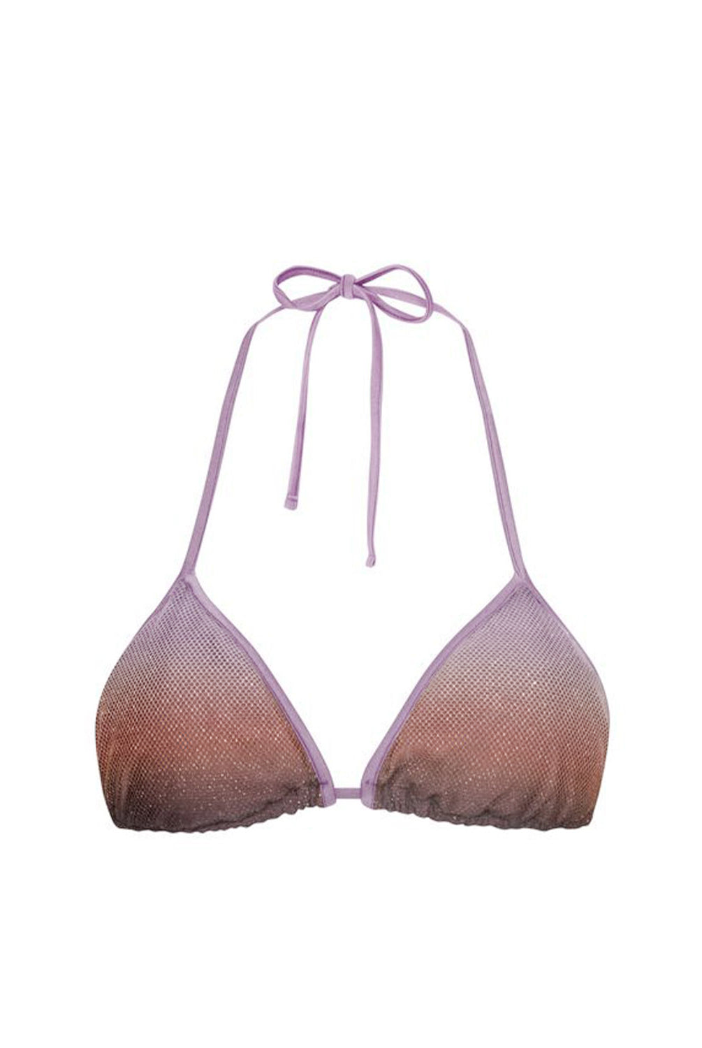 A halter triangle bikini top with a textured mesh fabric, featuring a lavender-to-rose gradient that fades into a warm bronze-brown at the cups, shown against a plain white background.