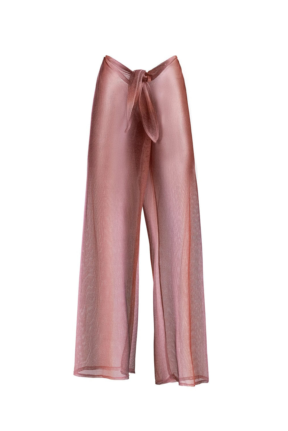 Long purple pants against a white wall.
