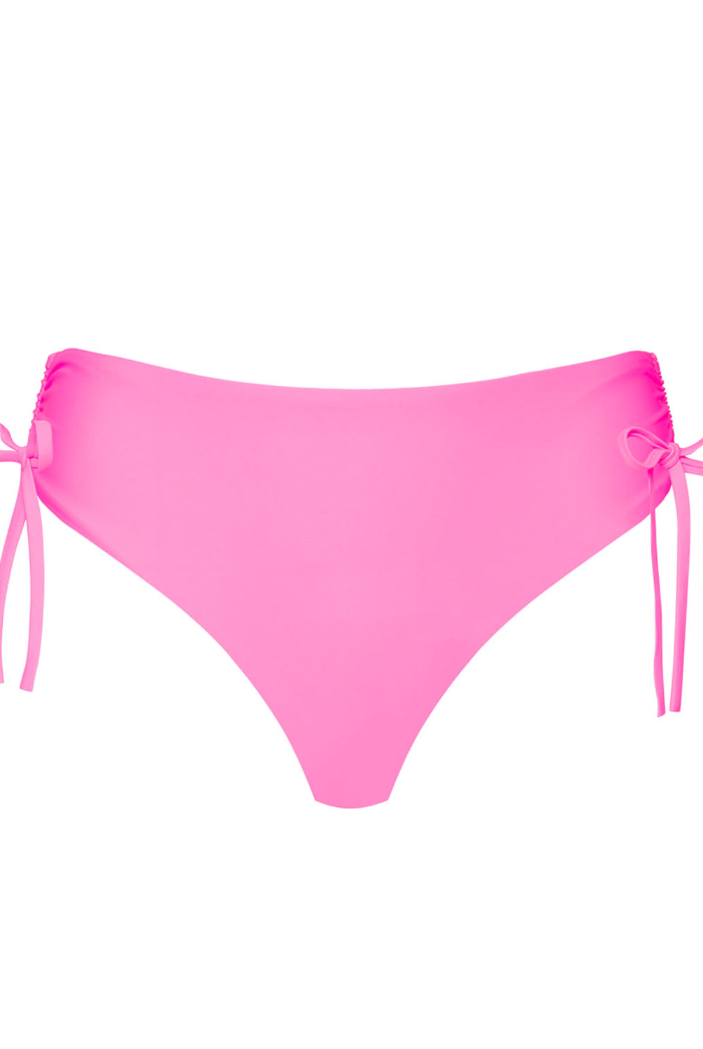 A high waist pink bikini bottom against a white wall.