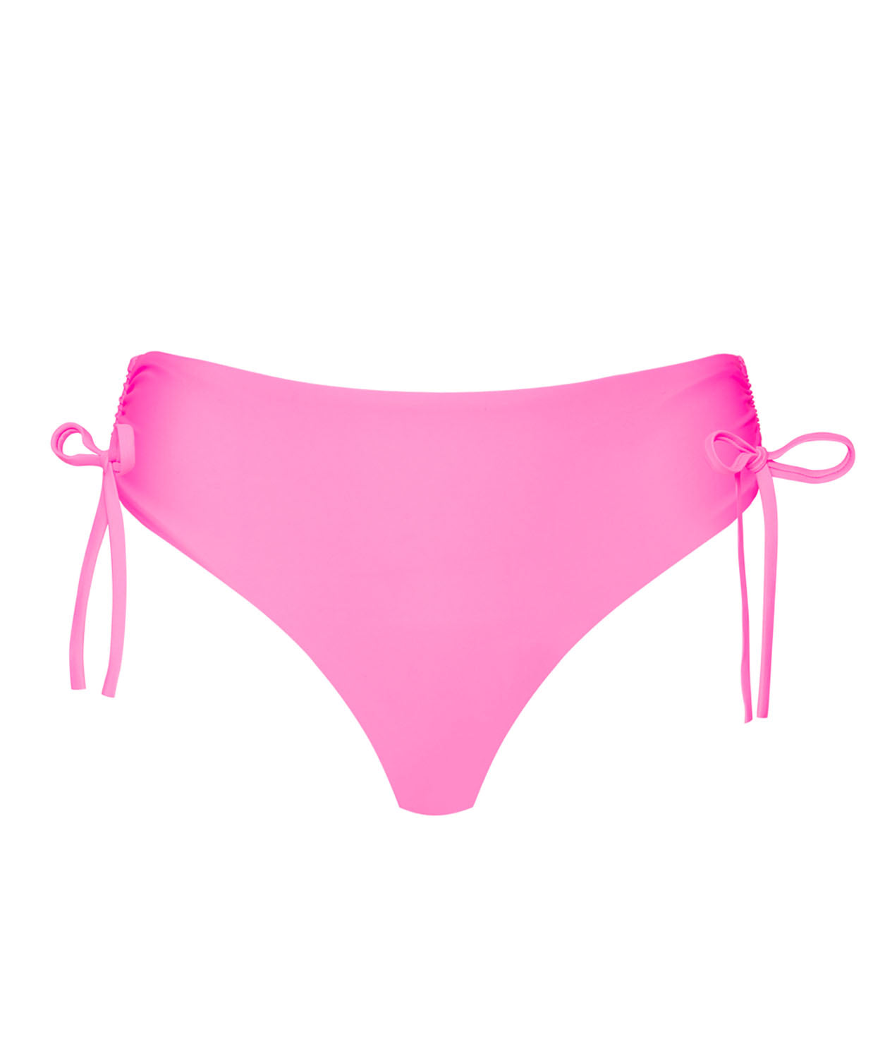 A high waist pink bikini bottom against a white wall.