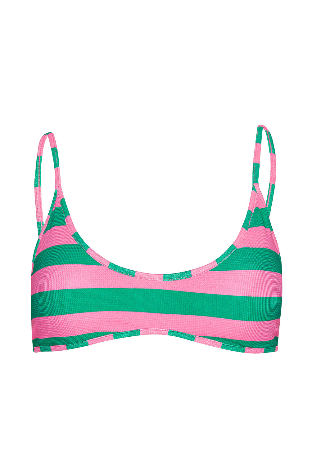 Striped bikini top with pink and green pattern on a white background
