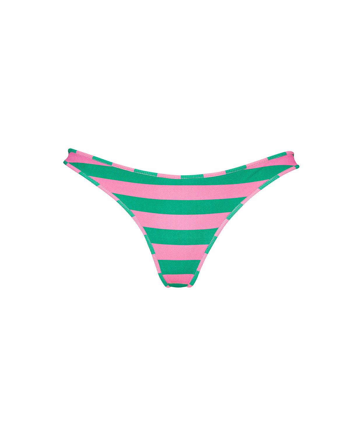 Green and pink striped bikini bottom on a white background