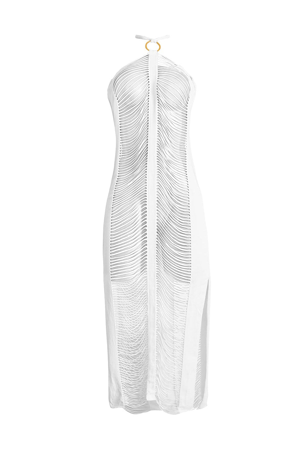 A white fringe dress against a white wall.