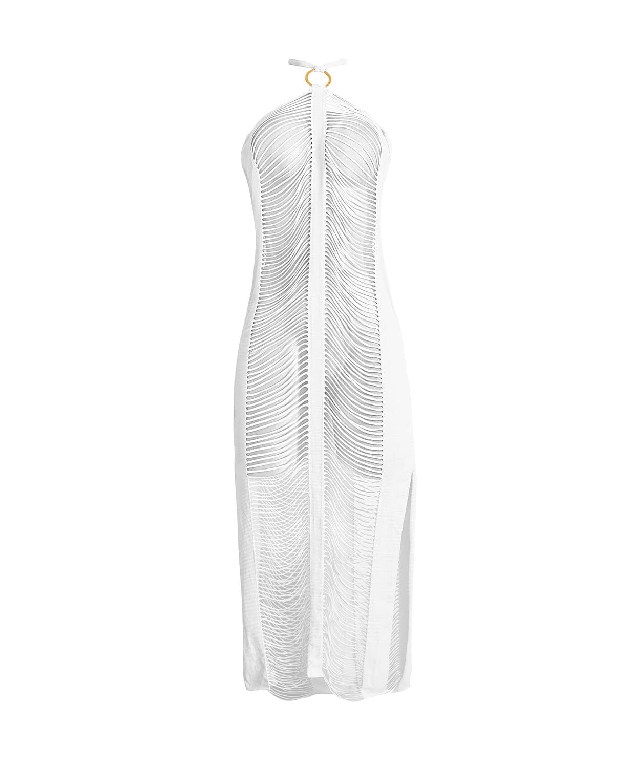 A white fringe dress against a white wall.