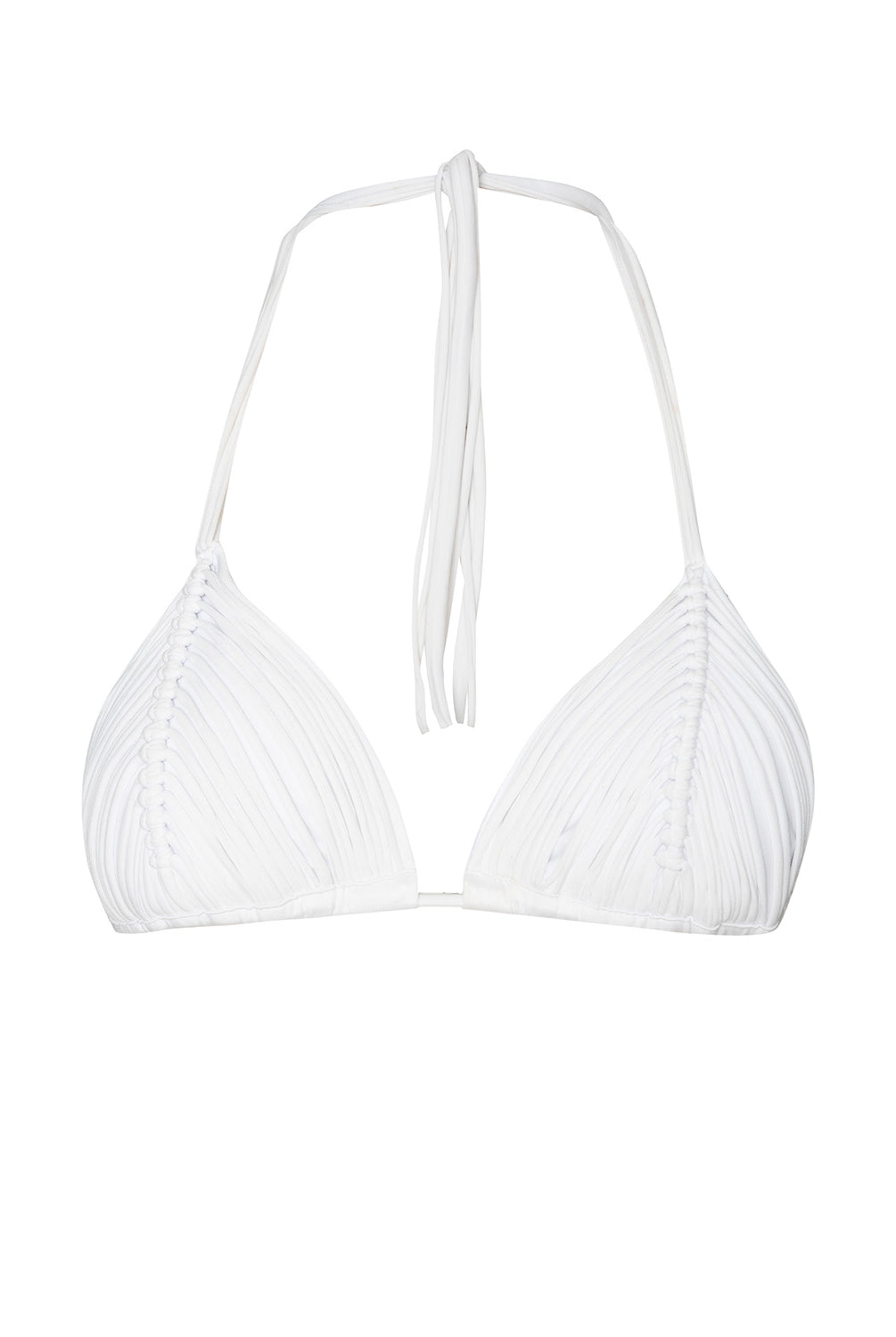 A white triangle top bikini with macrame detailing against a white background.