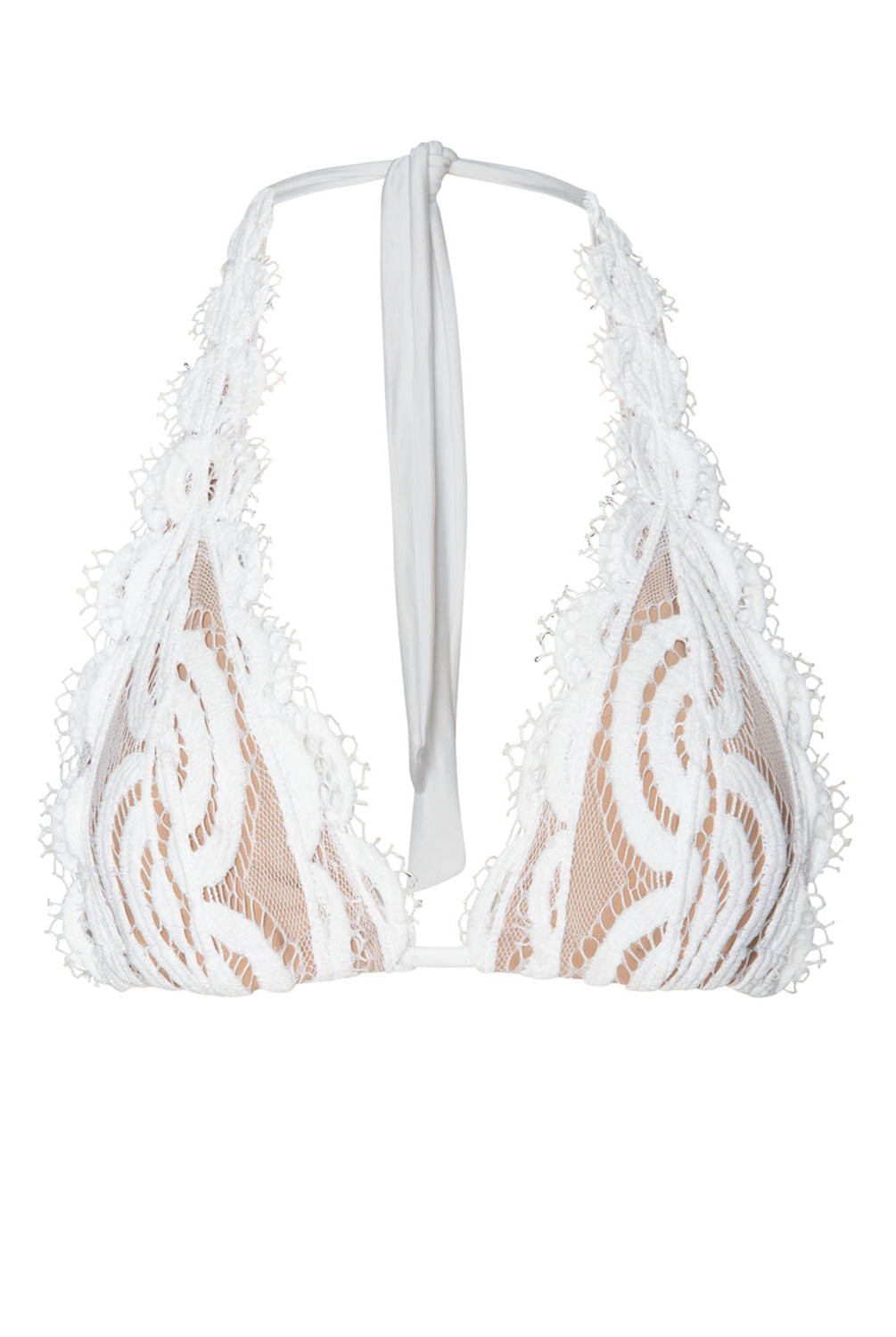 A white lace halter bikini top against a white wall.