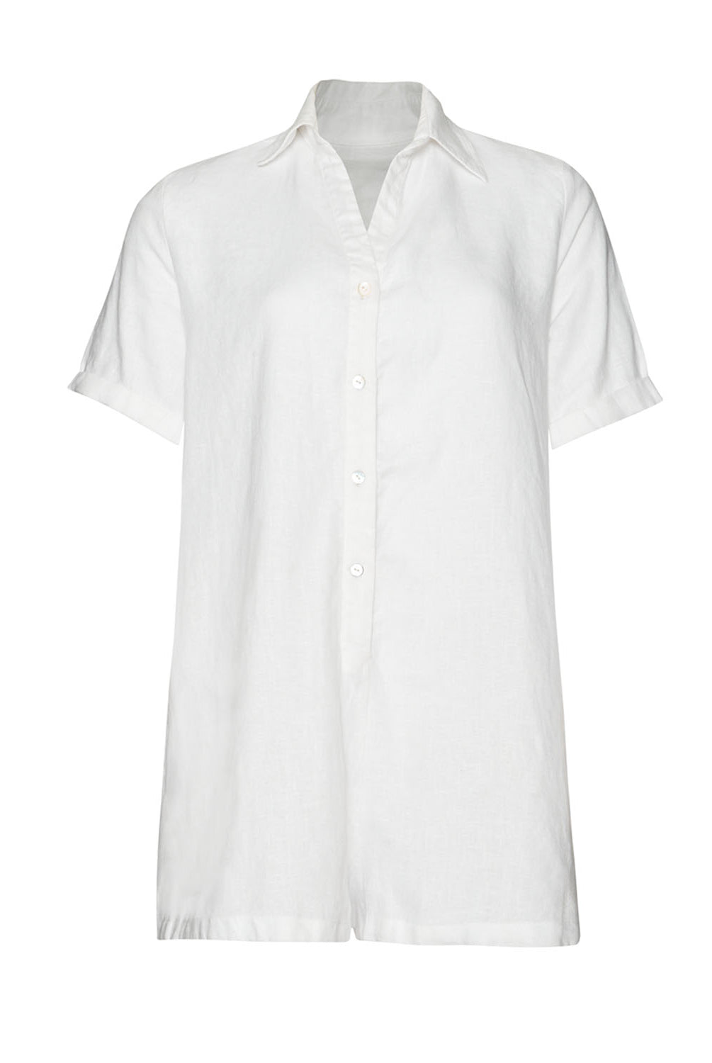 White linen romper with a collared neckline and front buttons
