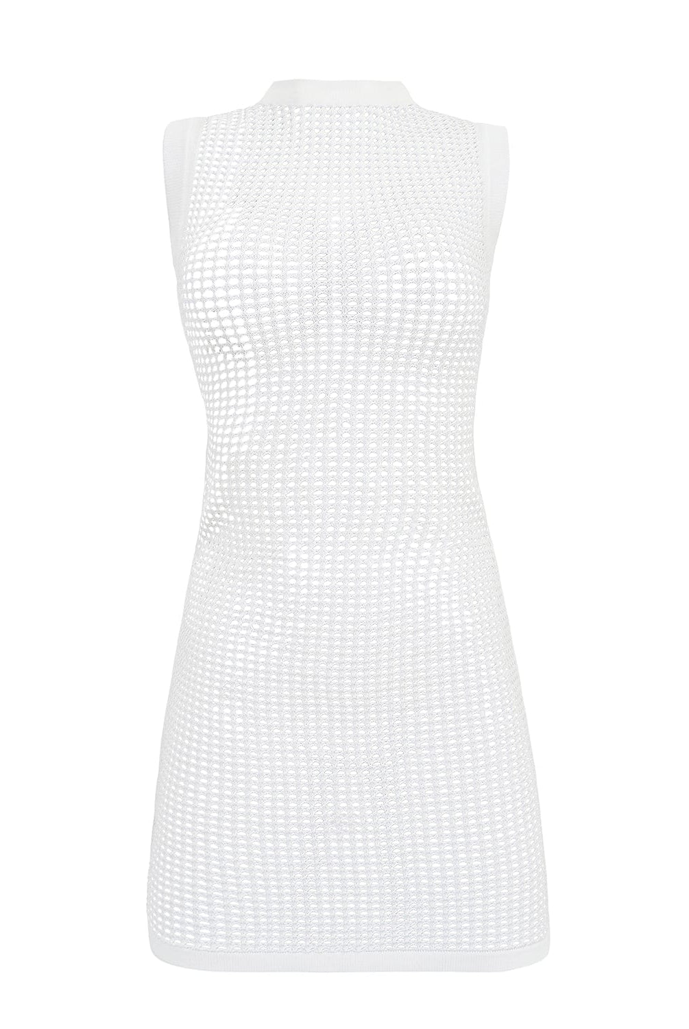 A white dress with crochet details against a white wall.