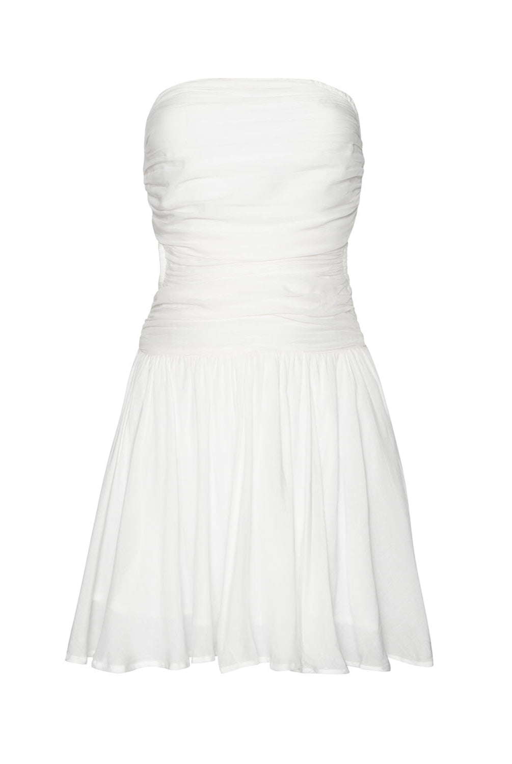 A short white flowy dress in front of a white background.