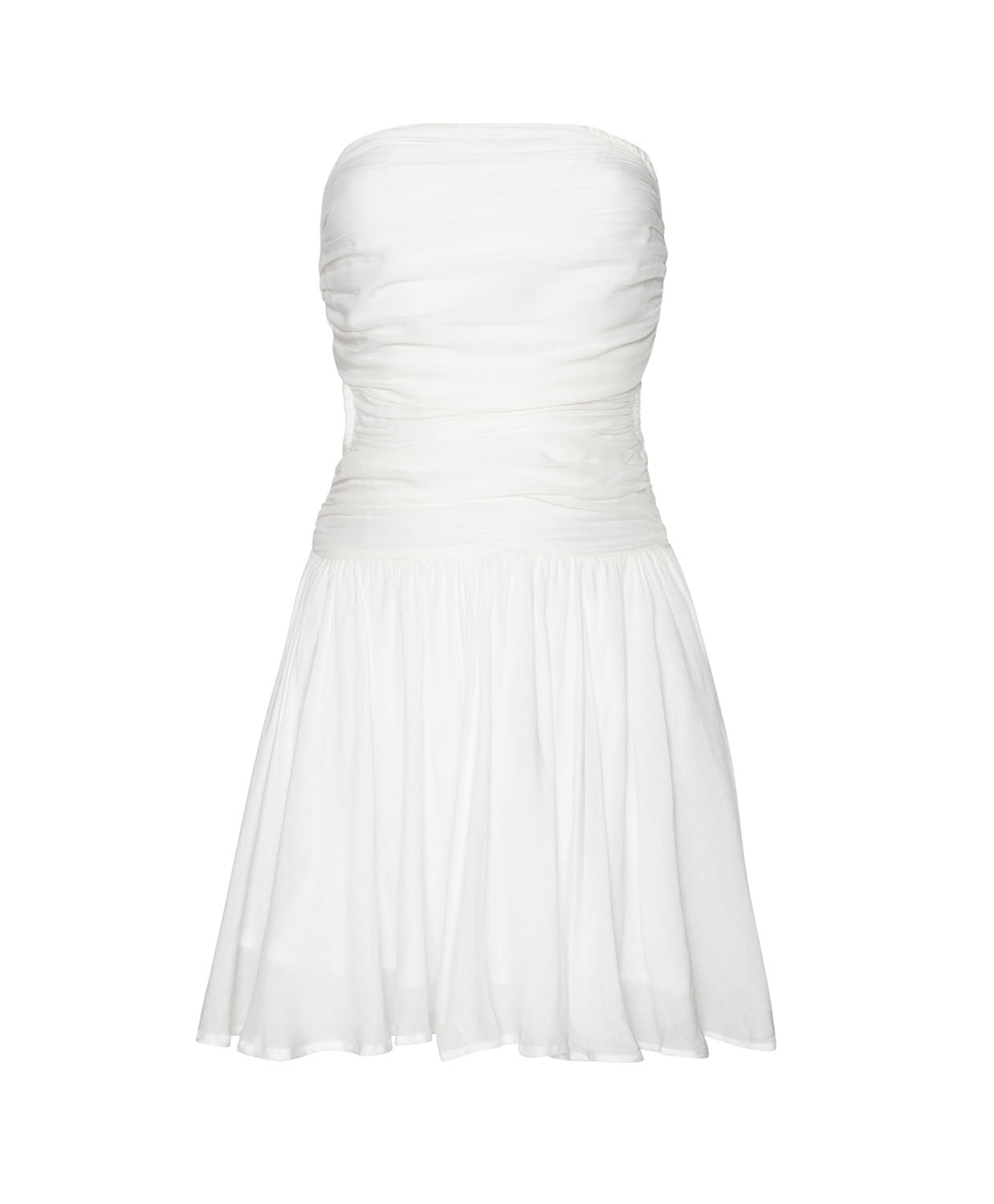 A short white flowy dress in front of a white background.
