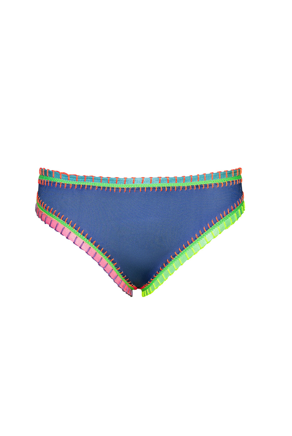 Blue bikini bottom with colorful trim on a white background