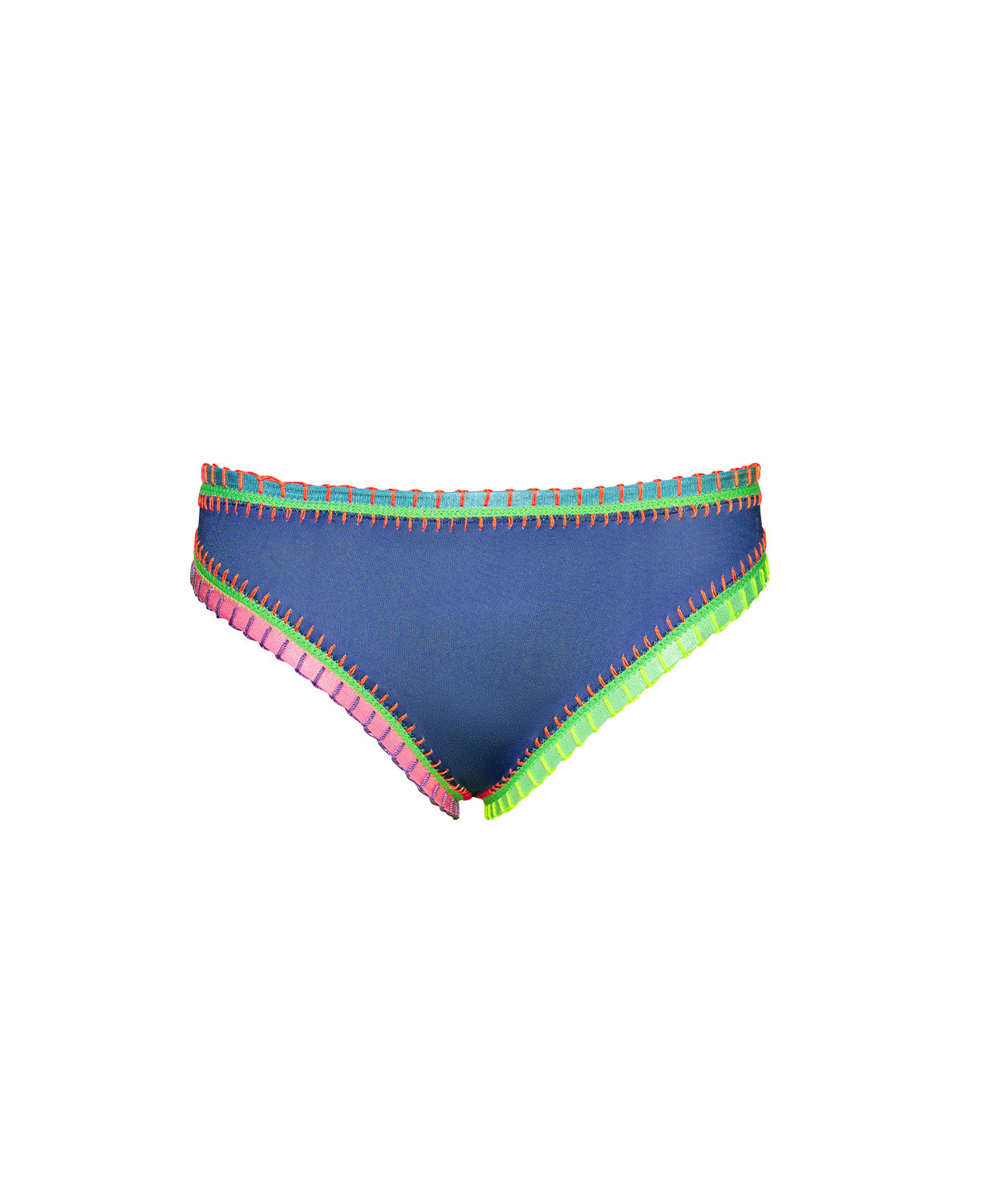 Blue bikini bottom with colorful trim on a white background