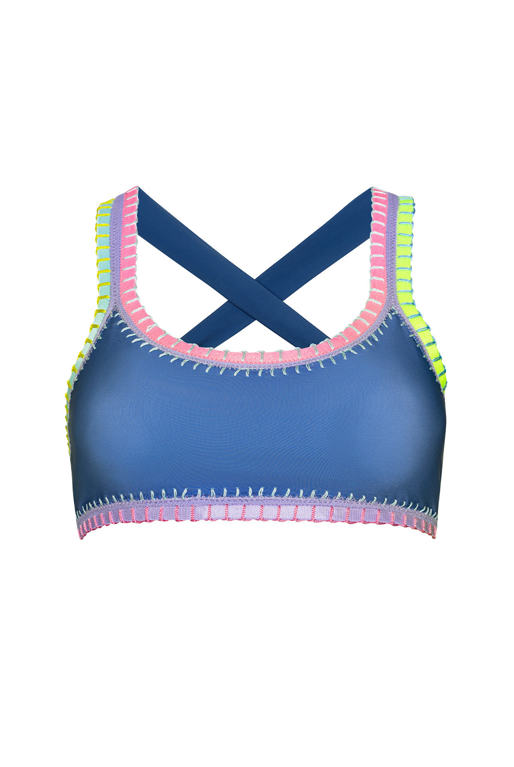 Blue bikini top with colorful trim on a white background