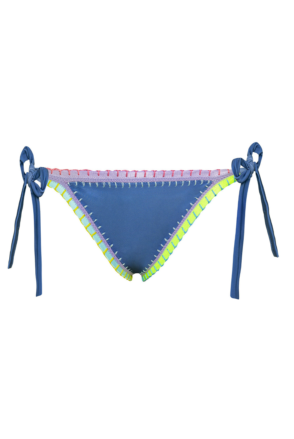 Blue bikini bottom with colorful trim on a white background