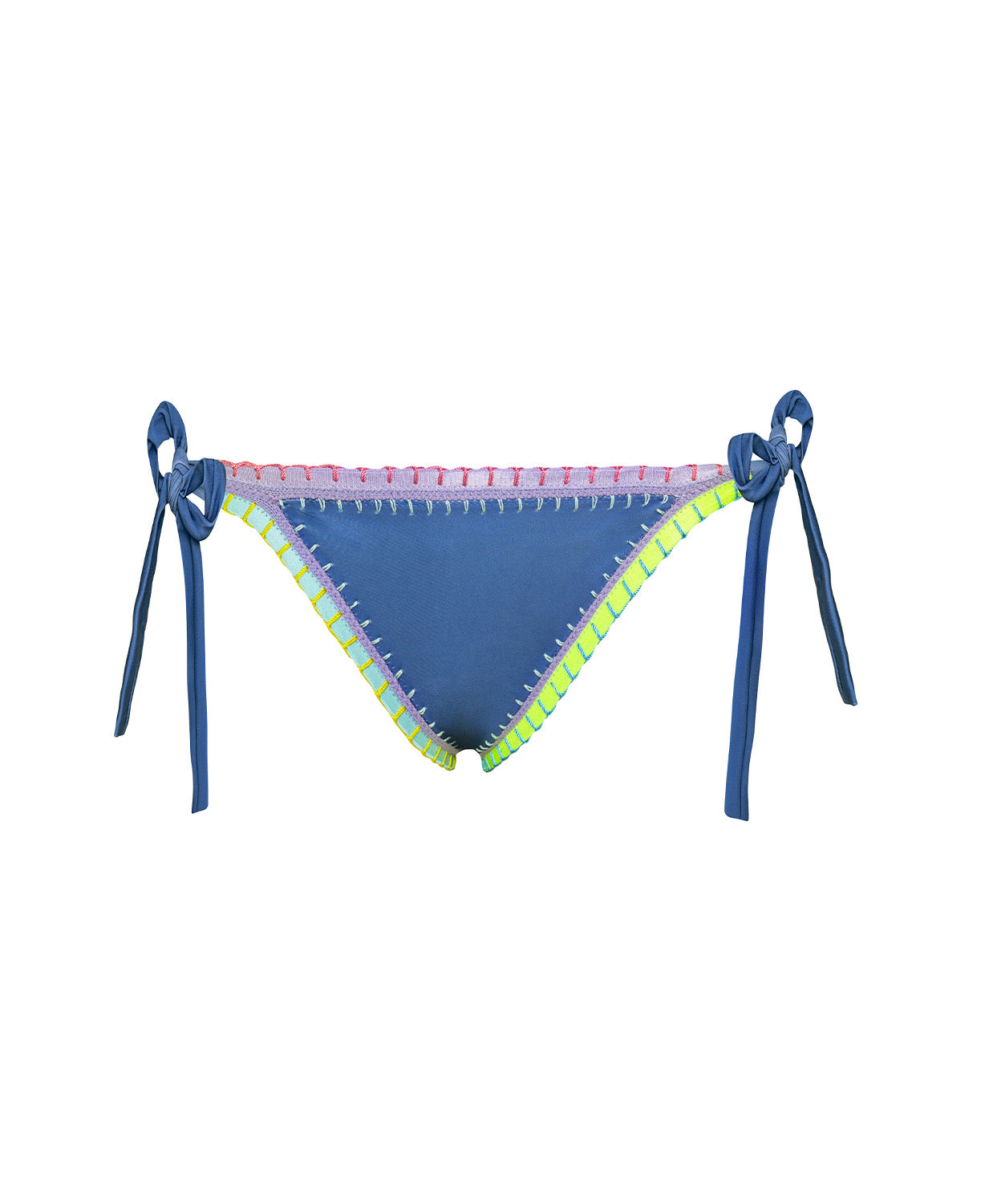 Blue bikini bottom with colorful trim on a white background