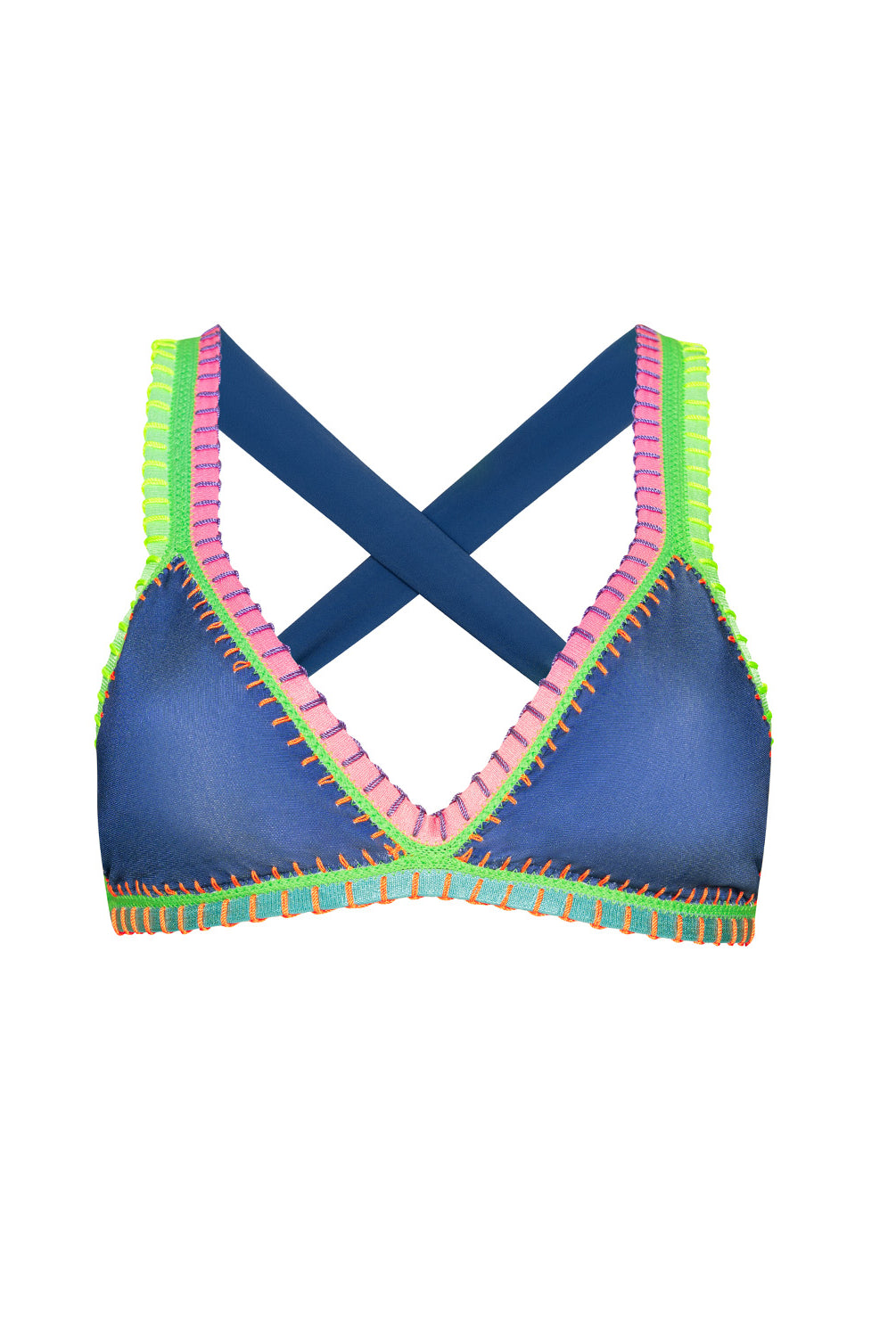 Blue bikini top with colorful trim on a white background