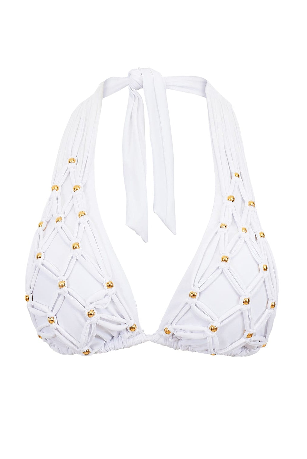 A white bikini top with gold beads against a white wall.