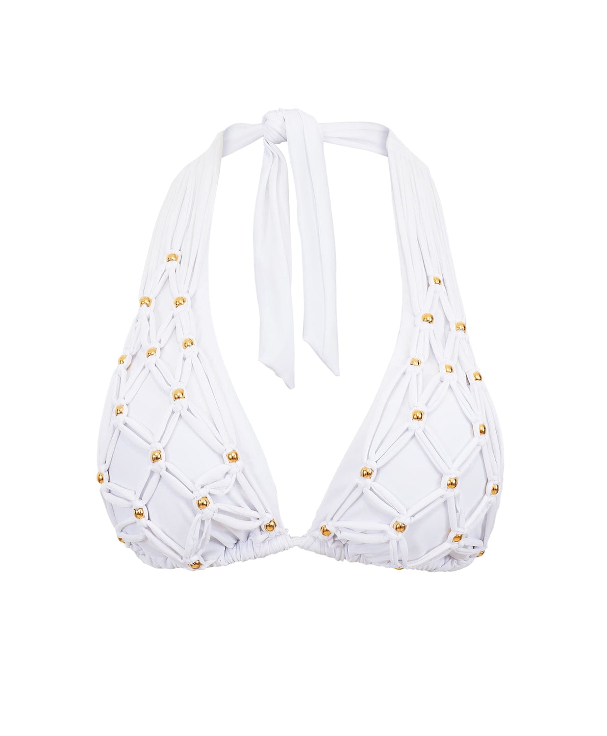 A white bikini top with gold beads against a white wall.