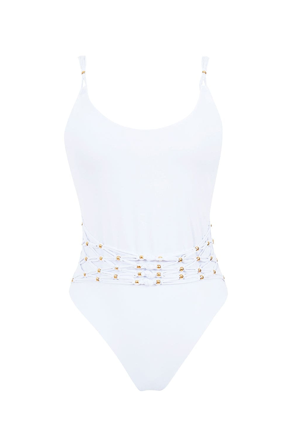 A white one piece with gold beads against a white wall. 