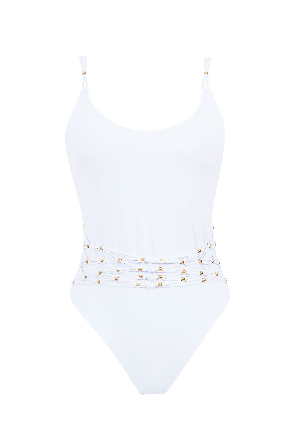 A white one piece with gold beads against a white wall.