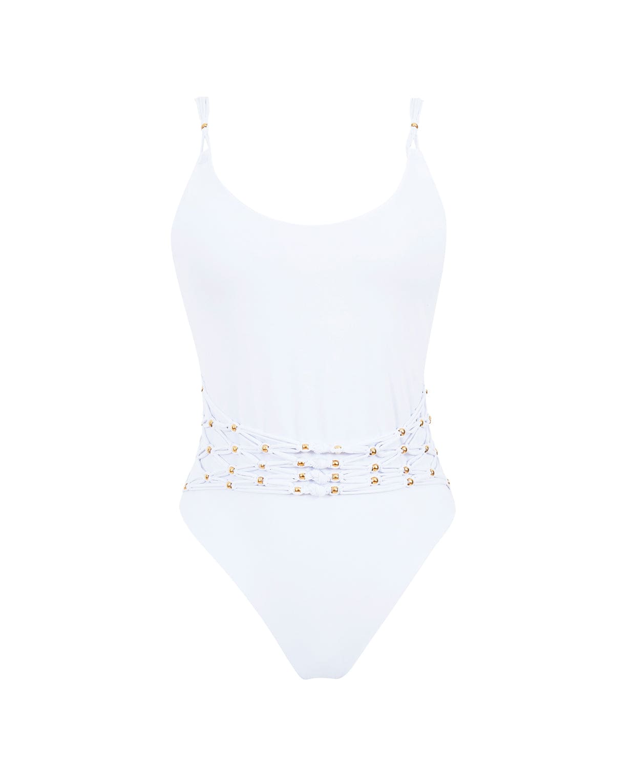 A white one piece with gold beads against a white wall.