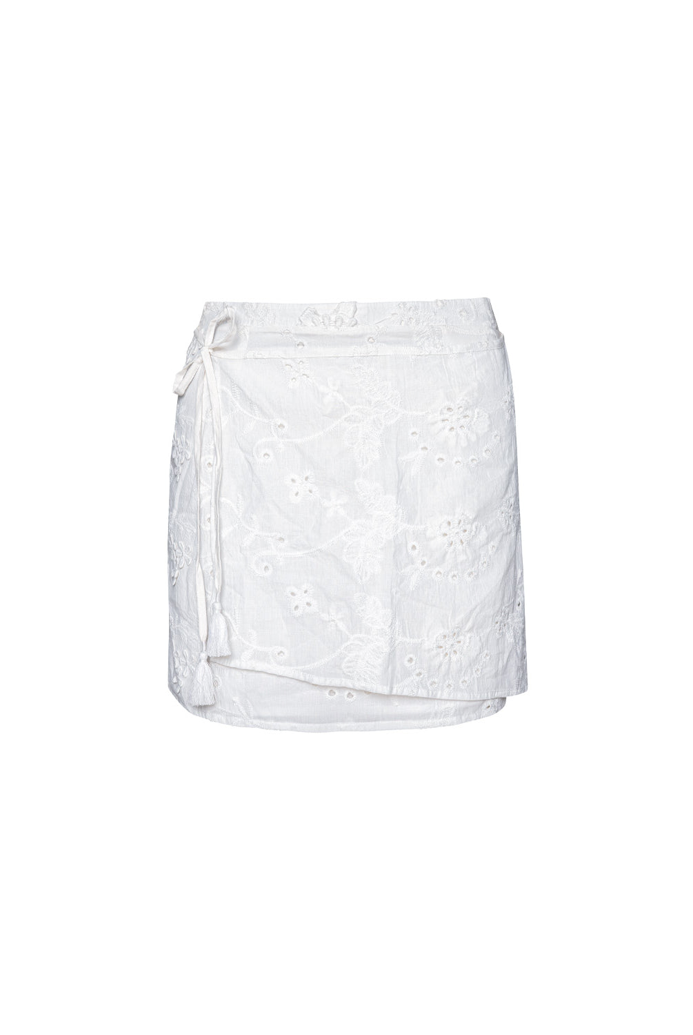 White skirt with lace detailing on a white background