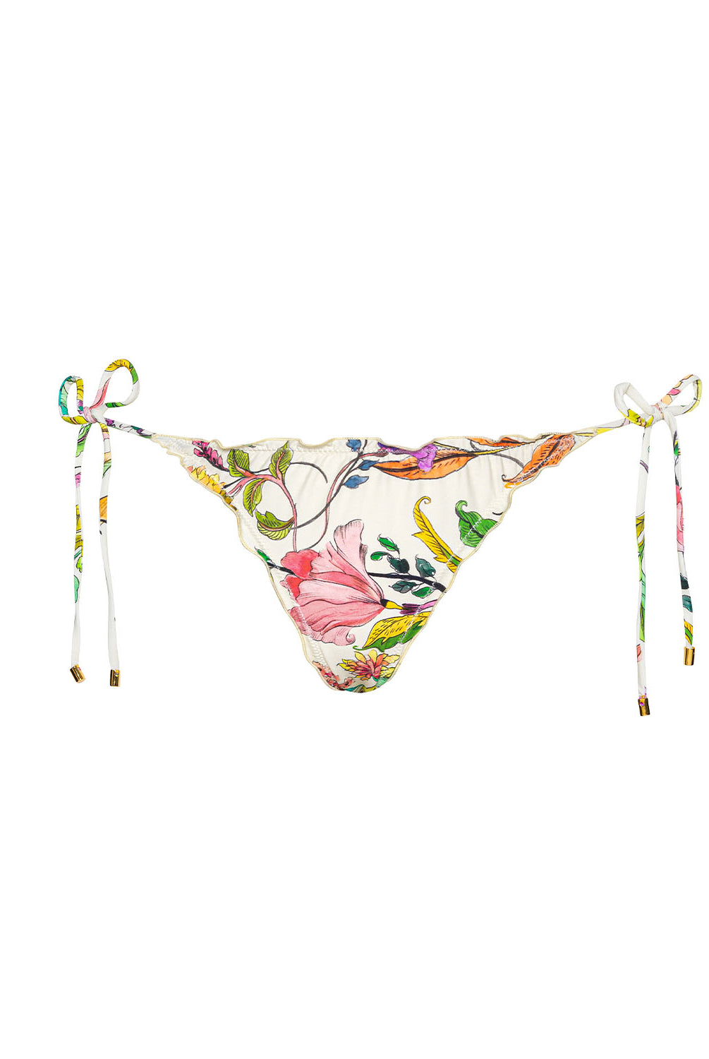 Floral-patterned bikini bottom with tie sides on a white background