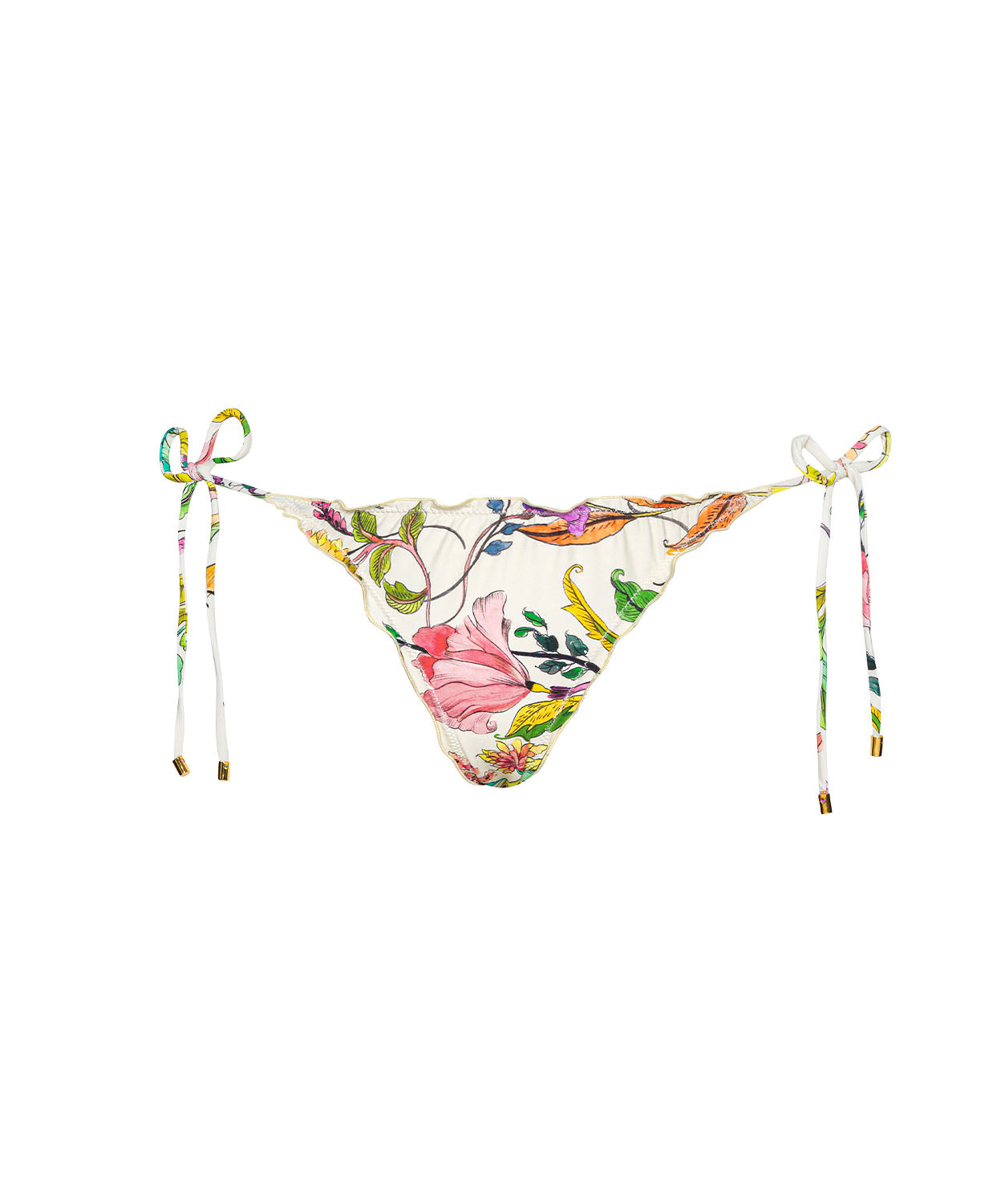 Floral-patterned bikini bottom with tie sides on a white background