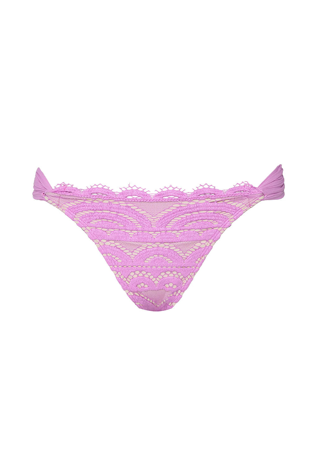 Pink lace bikini bottom on a white background