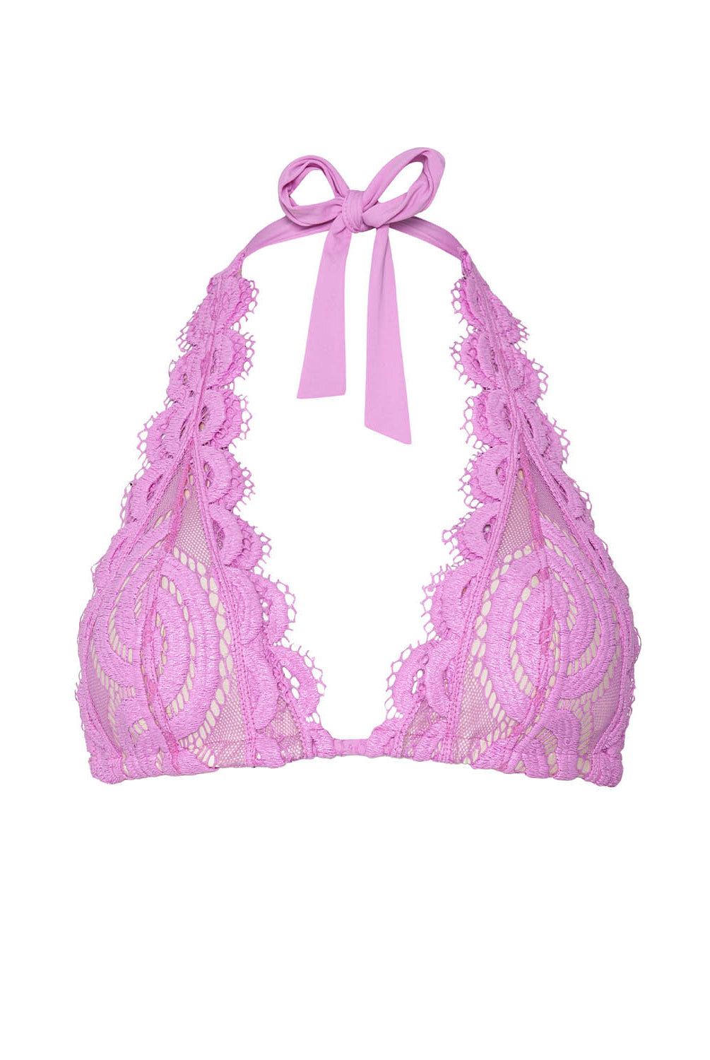 Pink lace bikini top with halter neck on a white background