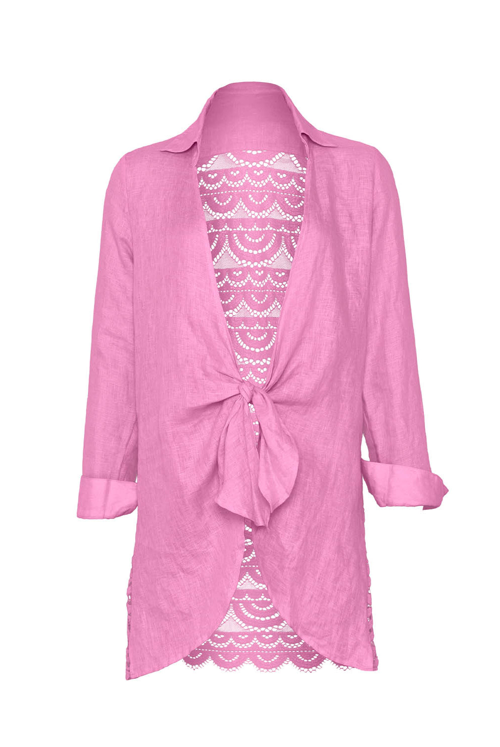 Pink lace-trimmed cover up on a white background