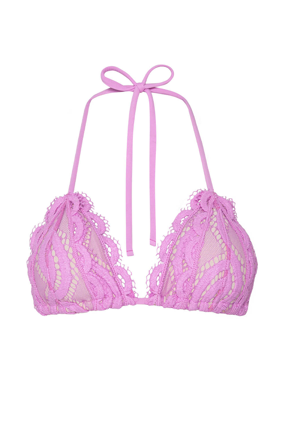 Pink bikini top with lace details on a white background
