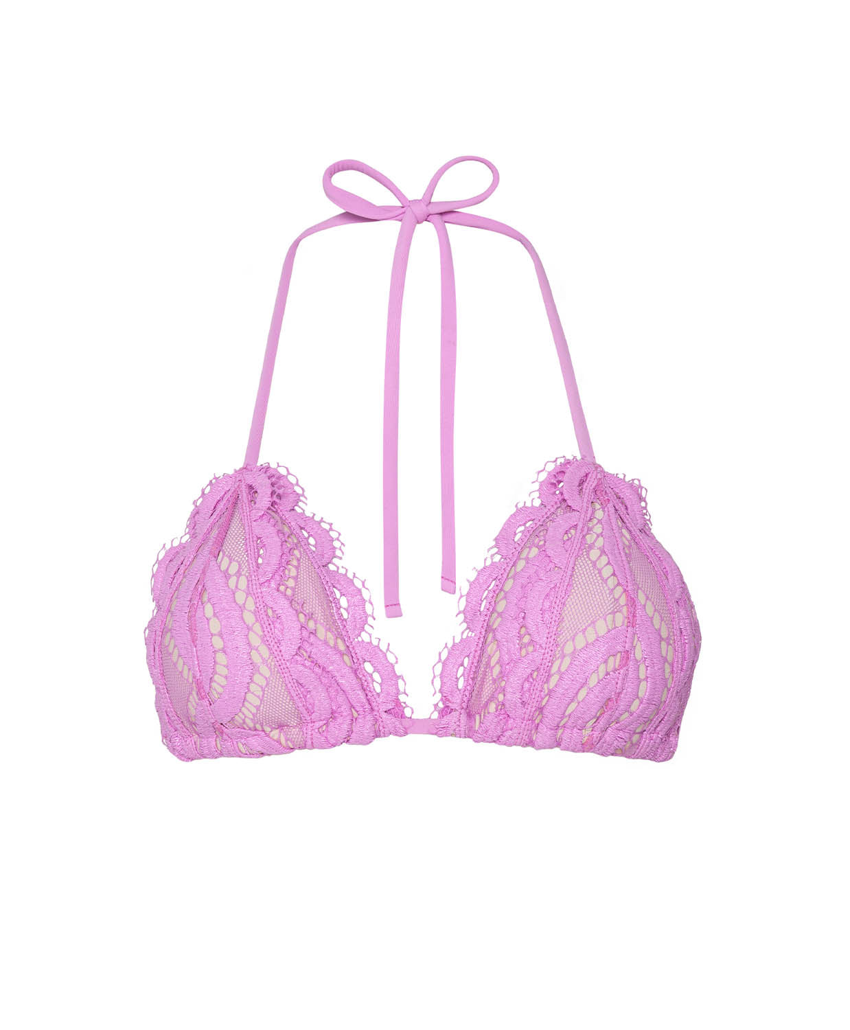 Pink bikini top with lace details on a white background