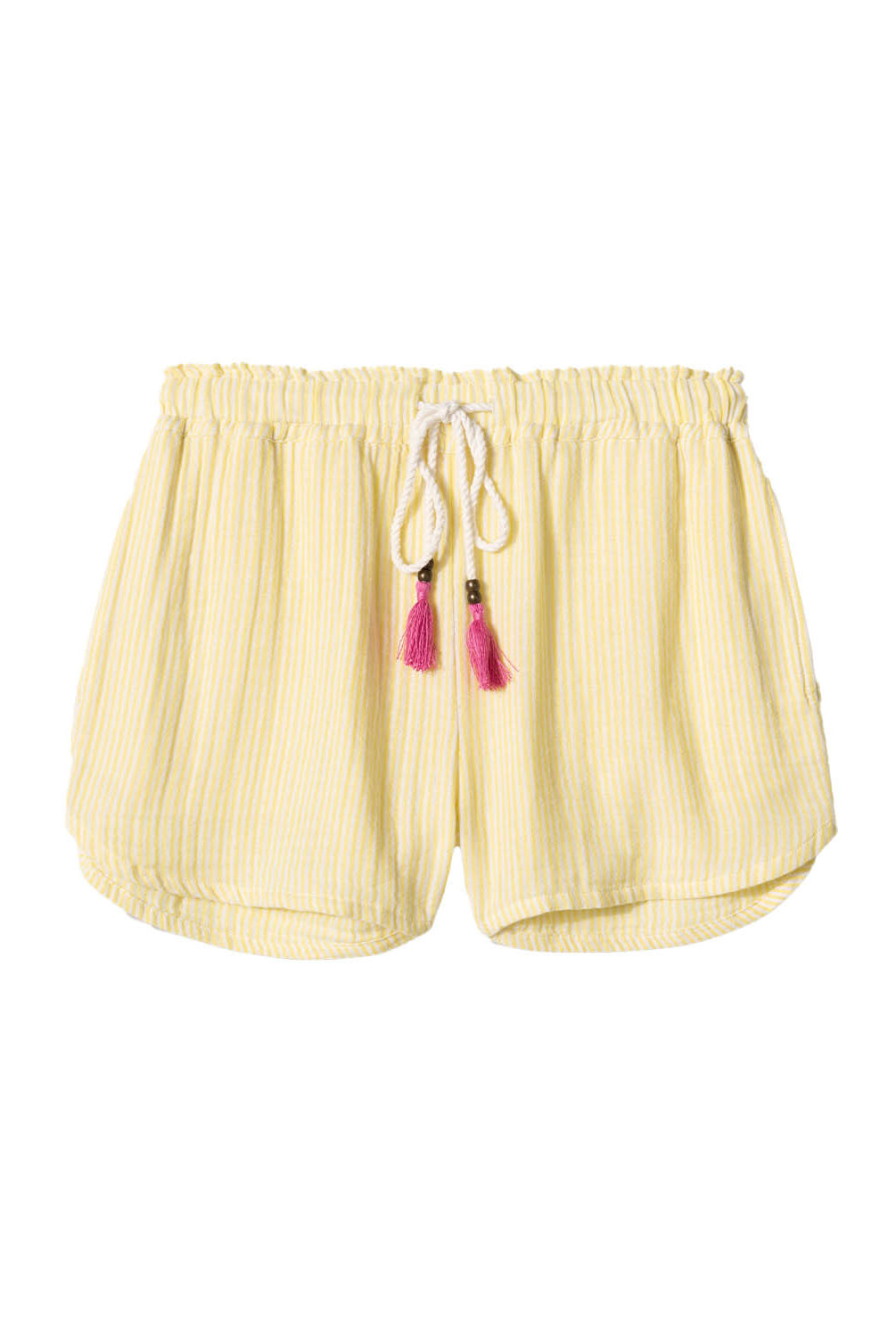 Yellow Stripe Gauze Short in sunny yellow and white pinstripes, featuring soft fabric and playful pink tassel ties, styled for casual summer wear or lounging.