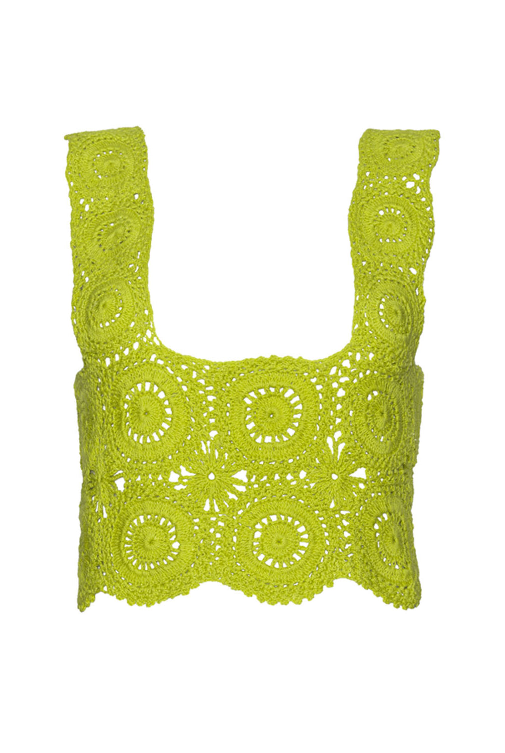 A green crochet top against a white wall.